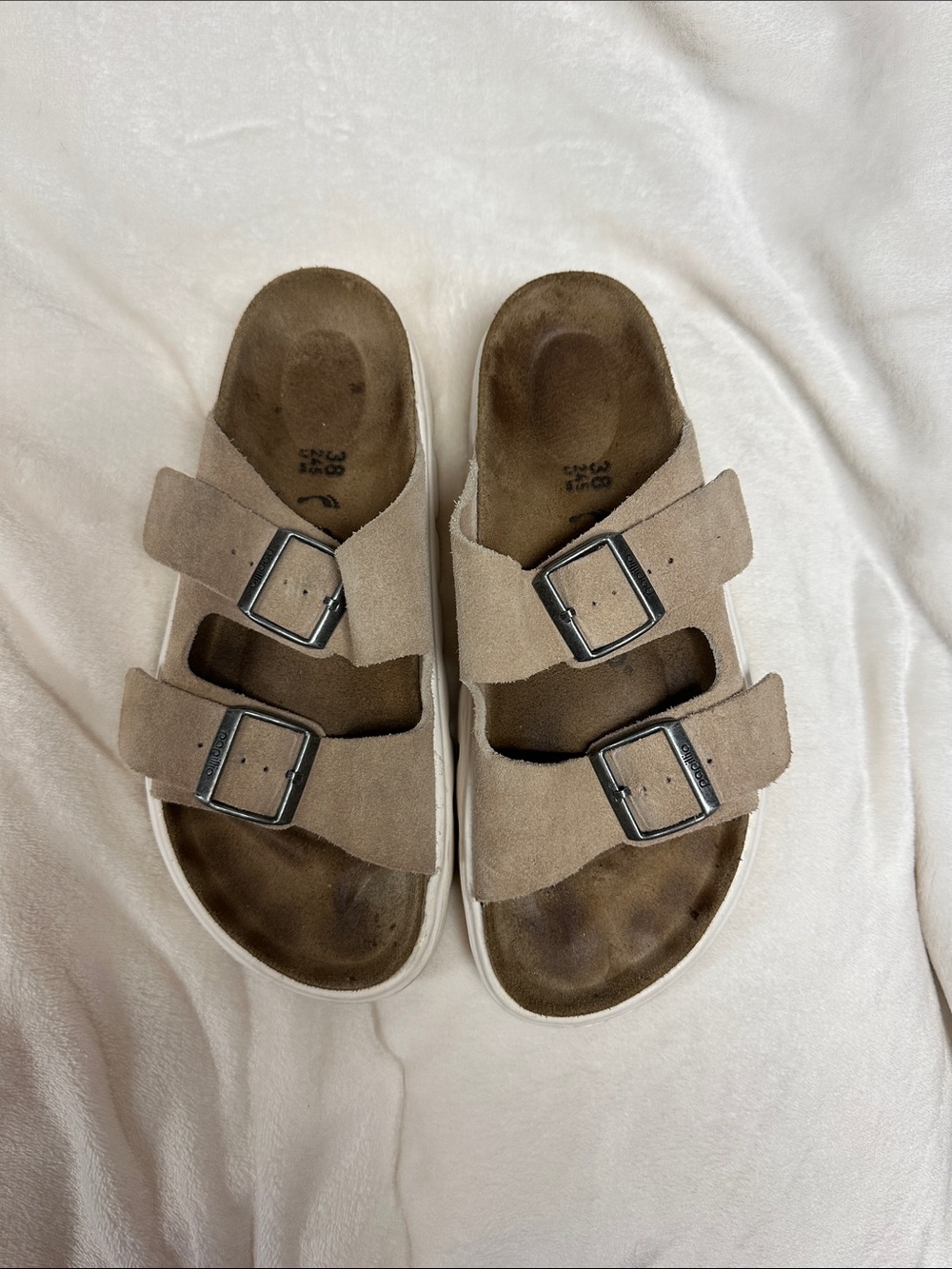 Birkenstock Two-Strap Suede Sandals in Beige